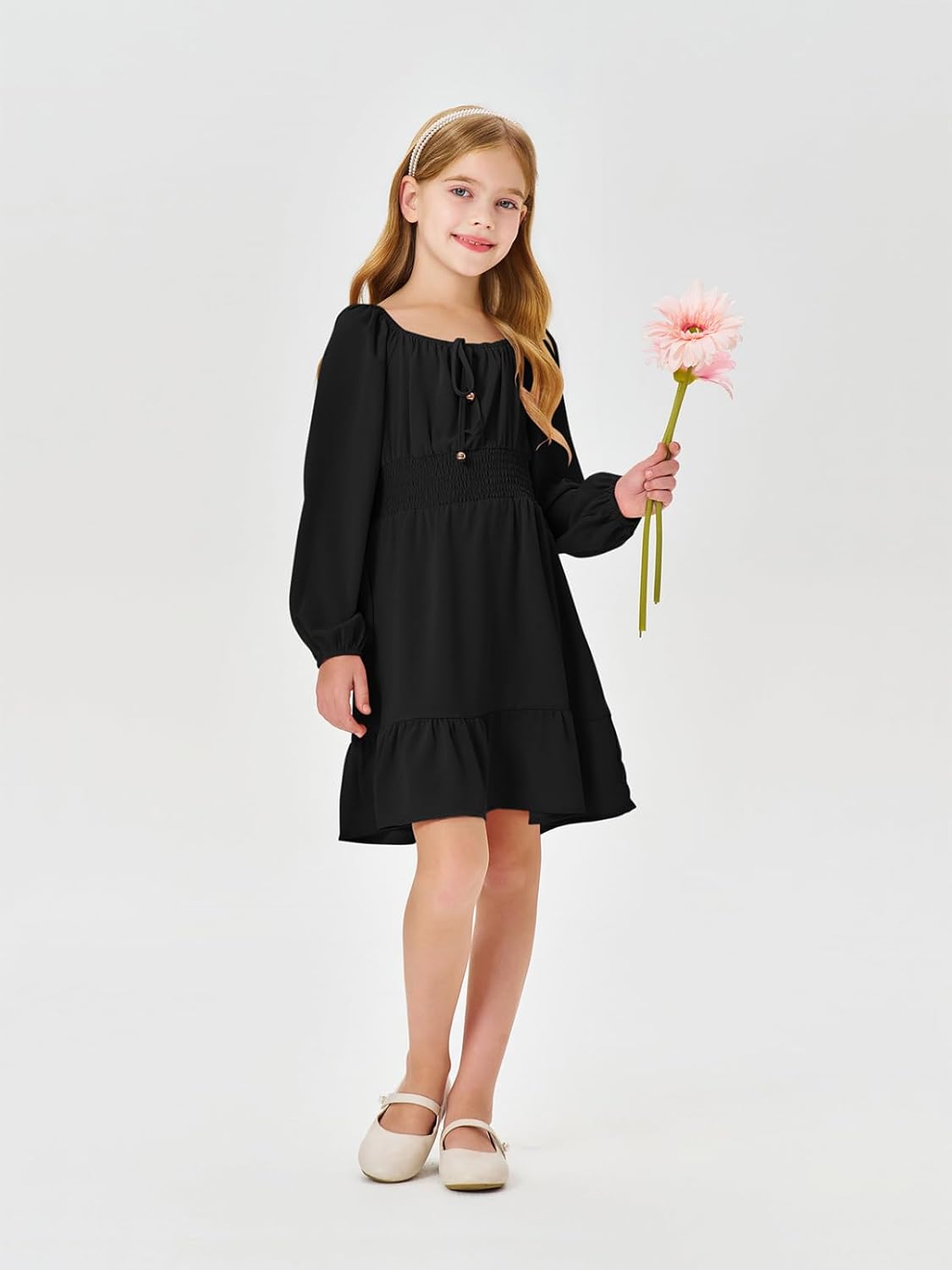 Girls Long Sleeve Square Neck Casual Boho Smocked Short Dresses 5-14 Years - Image 6