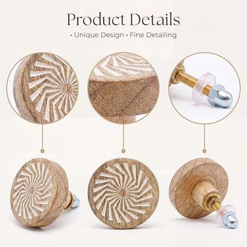 Image of Indianshelf 6 Pieces Wood Brown Floral Boho Cabinet Knob Set Handmade Unique Round Drawer Pulls Handles Wardrobe Kitchen Furniture Decorative Wooden Dresser Knobs for Kids Room