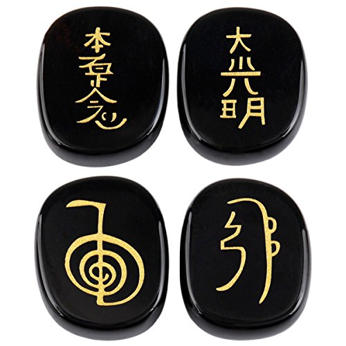 Rockcloud Healing Crystal Black Agate 4Pcs Engraved Chakra Stones Palm Stone Reiki Balancing #TOP1