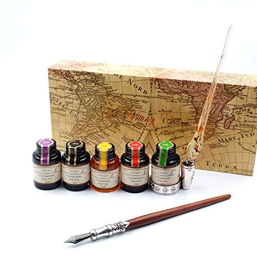 Gc Quill Mu-02 Calligraphy Pen Set, Glass Dip Pen And Handcrafted Wooden Dip Pen Gift Set With 5 Colors Calligraphy Ink 6 Nibs 1 Pen Holder, Calligraphy Set For Beginners #TOP4