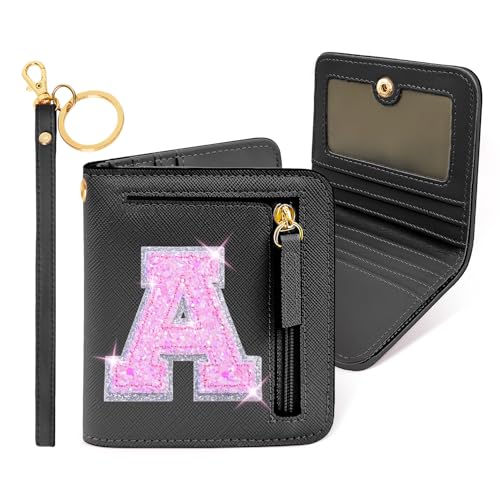 Image of COSHAYSOO Initial Wallet RFID Small Bifold Slim Letter Wallet for Women Teenager Girls Travel Daily Necessities Credit Cards Money Cash Coin Organizer, Black, Compact, A