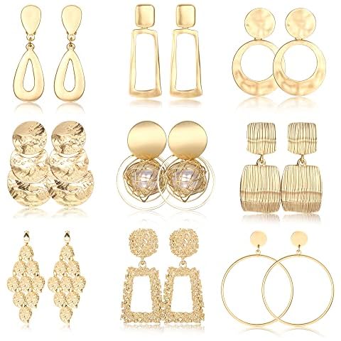 Subiceto 9 Pairs 14K Gold Plated Clip on Earrings for Women Statement Clip On Earrings Large Geometric Square Rectangle Round Clip Dangle Earrings Non Pierced Earrings Set Cover