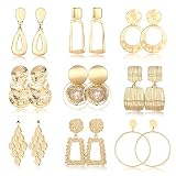 Subiceto 9 Pairs Clip on Drop Earrings for Women Gold Leaf Rectangle Round Trapezoid Square Geometri