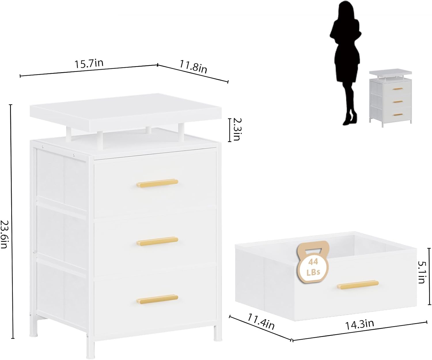 DreamDashio Nightstand with LED Lights, 3 Fabric Storage Drawers, Bedside Table with Floating Wood Top & PU Leather Fronts, Compact Modern End Table for Bedroom, Living Room or Dorm, White image 2