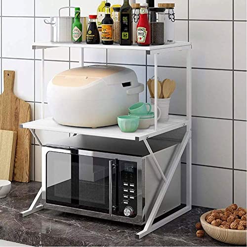 BAKAJI Scaffalatura Mobile Scaffale Porta Spezie Microonde Struttura in Metallo con 2 Ripiani Mensole in Legno Organizer Mensola Porta Utensili Strumenti Cucina Design Moderno (Bianco)