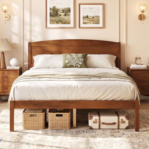 Image of GIANTEX Full Size Wooden Bed Frame with Curved Headboard, Wood Slat Support | Farmhouse Platform Bed w /Heavy Duty Mattress Foundation, Under-Bed Storage Space, No Box Spring Needed, Easy Assembly