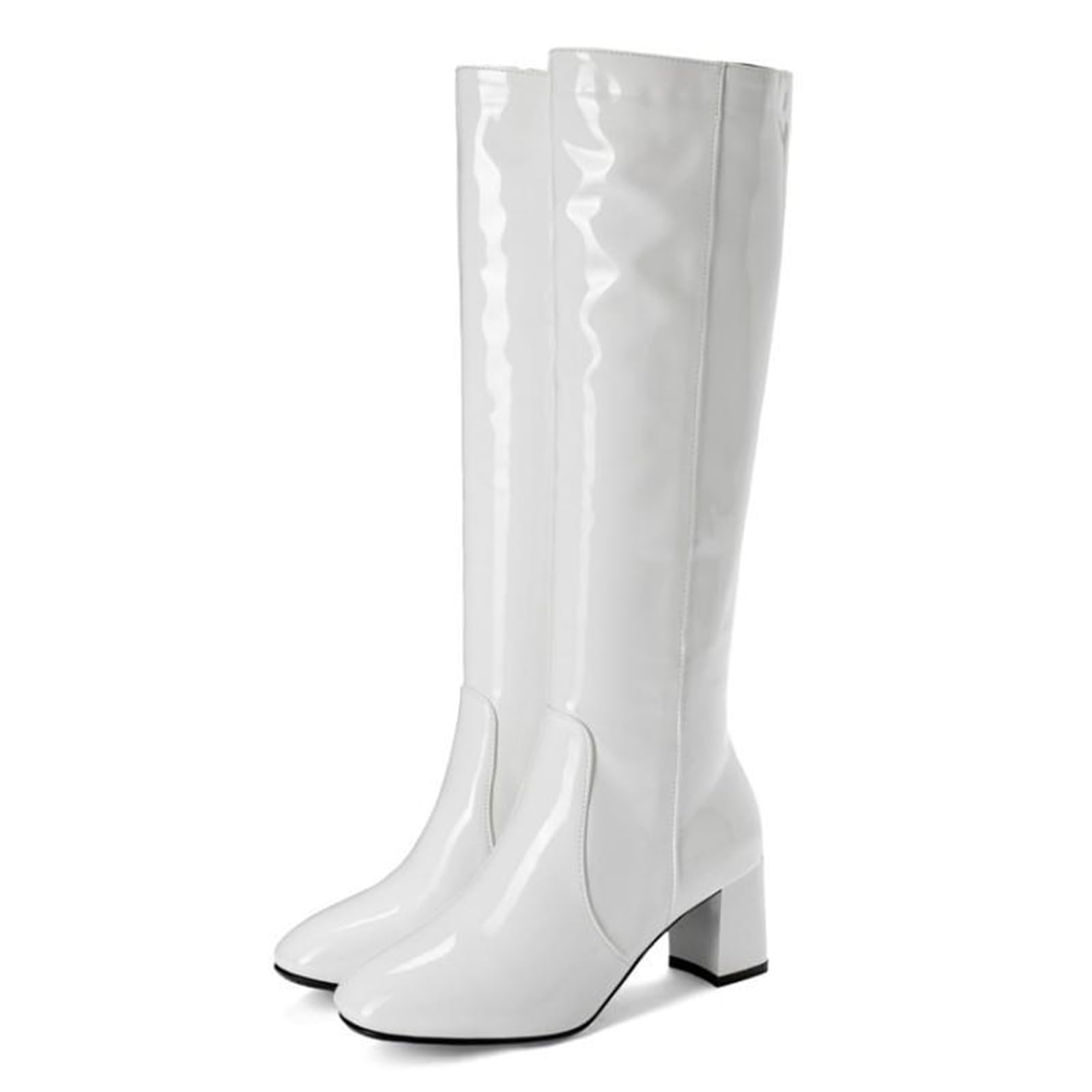 Womens Patent Leather Side Zipper Pointed Toe Knee-High Boots Fashionable Thick Heel High Heel Boots Suitable For Parties