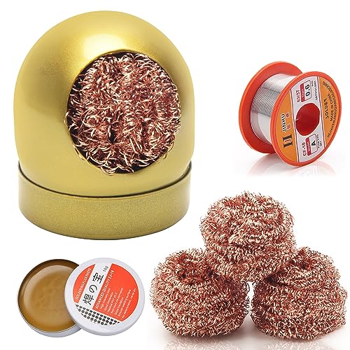 Image of Soldering Iron Tip Cleaner Kit, Windspeed Non-slip Brass Soldering Tip Cleaner Solder Flux Brass Tip Cleaning Brass With Holder, Solder Flux, Solder Wire 4pcs Copper Wire Ball, No Water Needed