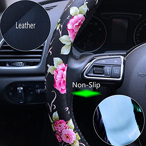 Binsheo Pu Leather Floral Auto Car Steering Wheel Cover, For Women Girls Ladies, Anti Slip Non-Toxic Universal 15 Inch, Black With Red Flowers #TOP4