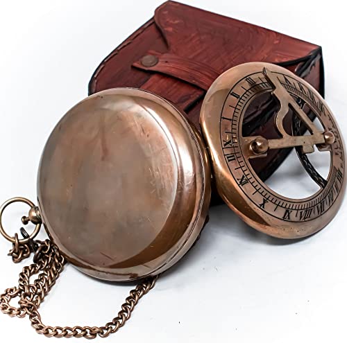A S Handicrafts Brass Sundial Compass With Leather Case And Chain - Push Open Mechanism Vintage Steampunk Accessory - Antiquated Finish Pocket Compass #TOP6