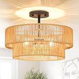 ZECOXOL Rattan Ceiling Light Fixture Boho Flush Mount Ceiling Light 3-Lights Wicker Boho Light Fixtures for Hallway Bedroom Living Room Entryway Kitchen
