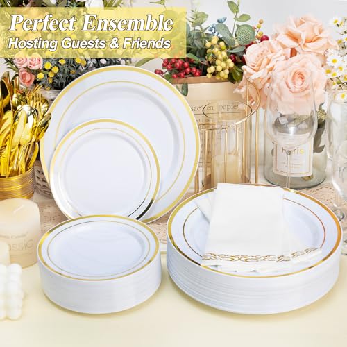 image for BESTSTAR 100PCS White Plastic Plates Set with Gold Rim, 50 10.25 inch 