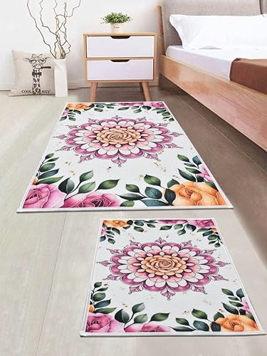 Image of Digital Printed Bathmat Set of 2 | Anti-Skid Mess Backing | Large & Small Combo | Water Absorbent, Quick Dry, Soft Floor Mat for Bathroom & Home Color - Floral Printed White and Pink