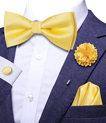 Image of Hi-Tie Bow Ties for Men Pre-Tied Pocket Square with Cufflinks Mens Bowtie Sets for Wedding Formal Party