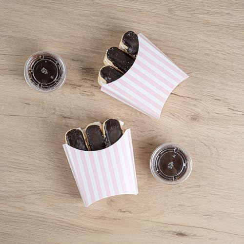 Restaurantware Bio Tek 4.5 x 3.2 x 3.9 Inch French Fry Cup 100 Disposable Snack Cups - Stackable Sustainable Pink And White Paper 3 Ounce Fry Holder For Fries Onion Rings Popcorn or Cookies by Restaurantware - Used condition - Image 8