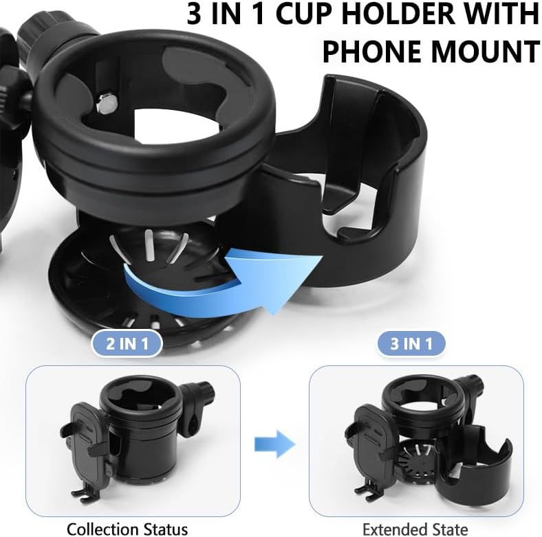 Miniatura 3 de Soporte universal 3 en 1 para teléfono con soporte ajustable para teléfono, doble portavasos para silla de ruedas, se adapta a la mayoría de Donna,