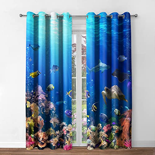 Ocean Animal Blackout Window Curtains - Underwater World Sea Turtle Shark Coral Fish Landscape Darkening Drapes Decor For Bedroom Living Room Jekeno Grommet Window Treatments 2 Panel Set,Blue 52"X 84" #TOP1