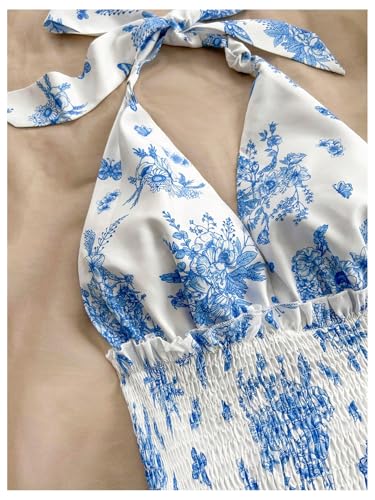 SOLY HUX Women's Sundresses Boho Halter V Neck Backless Ruffle Flowy Summer Beach Mini Dress4