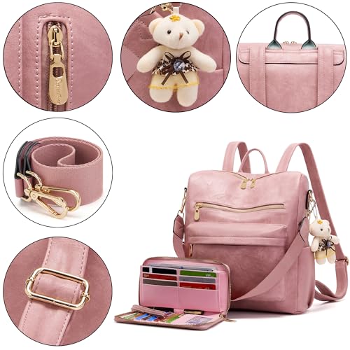 Image of Soperwillton Women Backpack Purse Shoulder Handbags Travel Bag Set 2pcs | Soft PU Leather,Large Capacity,Many Pockets,with a Functional Wallet,with a Detachable Shoulder Strap,Multipurpose Design