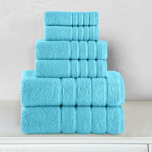 Image of Elegant Comfort 4 Lines Viscose Stripe 6-Piece Premium Towel Set - 100% Turkish Cotton High Absorbent Luxury Bathroom Towels - Includes 2 Washcloths, 2 Hand Towels and 2 Bath Towels Set, Aqua