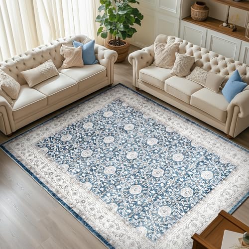 jinchan Floral 6x9 Area Rug for Living Room - Machine Washable Vintage Distressed Boho Design Throw Rug Stain Resistant Carpet Low-Pile Thin Non-Slip