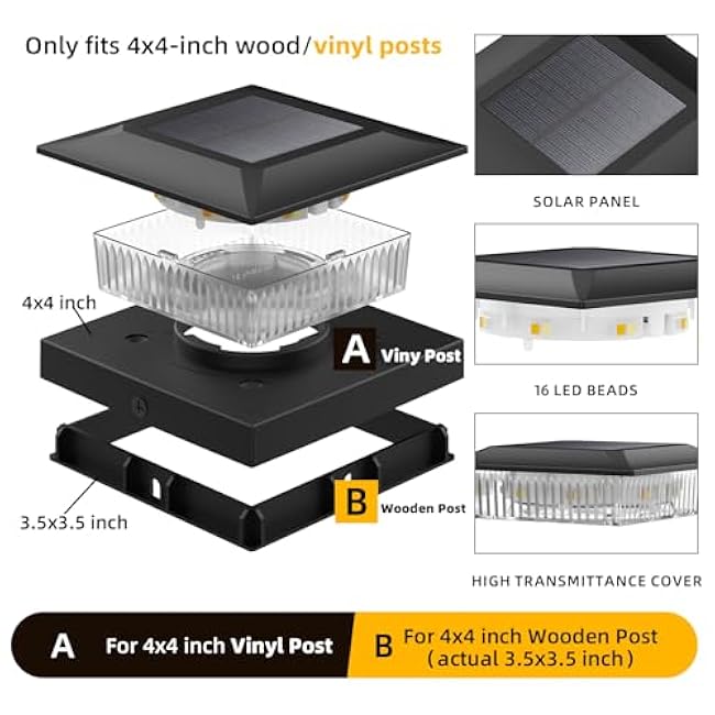 4x4 Solar Post Cap Lights 12 Pack, Fence Post Solar Lights with Warm White/Cool White, Only Fit 4x4 Wood/Vinyl Posts, Waterproof Outdoor Deck Post Light for Deck, Fence, Porch(Black)
