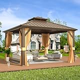 EROMMY 12' x 12' Hardtop Gazebo, Galvanized Steel Double Roof Gazebo with Aluminum Frame, Permanent Outdoor Metal Pavilion with Curtain and Netting for Patio, Lawn and Garden