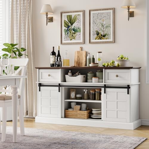 Naice Buffet Sideboard Cabinet with Storage, 58\" Modern Farmhouse Buffet Table w/Sliding Barn Doors and Shelves, Coffee Bar Wine Bar Kitchen Cabinet for Dining Room, Living Room