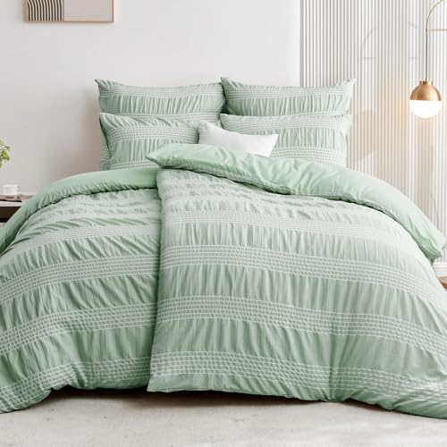 Qucover Seersucker Bettwäsche 135x200 Grün 4teilig Weiß Gestreift, Mikrofaser Bettwäsche-Sets, 2 Bettbezügen 135x200cm + 2 Kissenbezüge 80X80cm,...