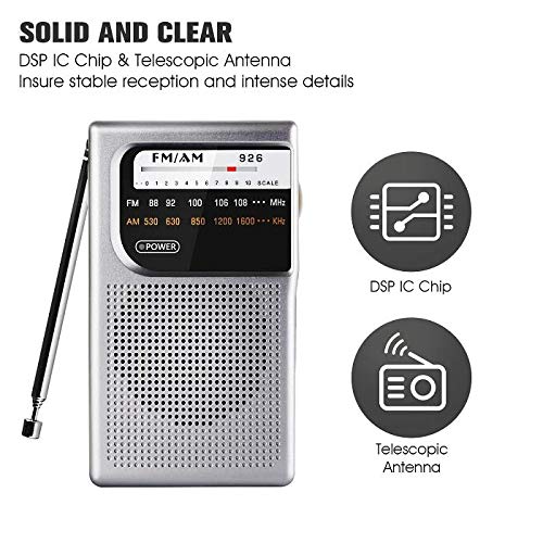 AM FM Radio with Speaker and Earphone Jack, Small Transistor Radio, Battery Operated, Best Mini Radio Antenna Reception for Emergency by MIKA (Silver)