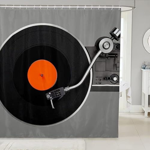 Duschvorhang 120x180 Musik-Plattenspieler, 3D Shower Curtains Musik-Plattenspieler Duschvorhänge Anti Schimmel Wasserdicht, Badewanne Vorhang Waschbare Badezimmer Gardinen mit 8 Haken vq8300