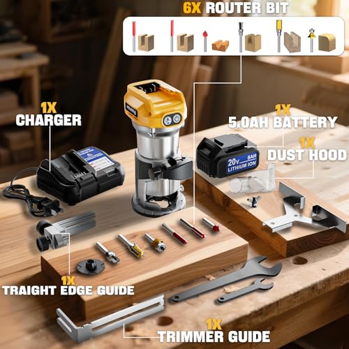 Cordless Compact Router Compatible with Dewalt 20V Battery, With 1 x 5.0Ah Rechargeable Battery, 6 Pcs Router Bits for Woodworking, Router With Trim Bits, Edge & Roller Guide