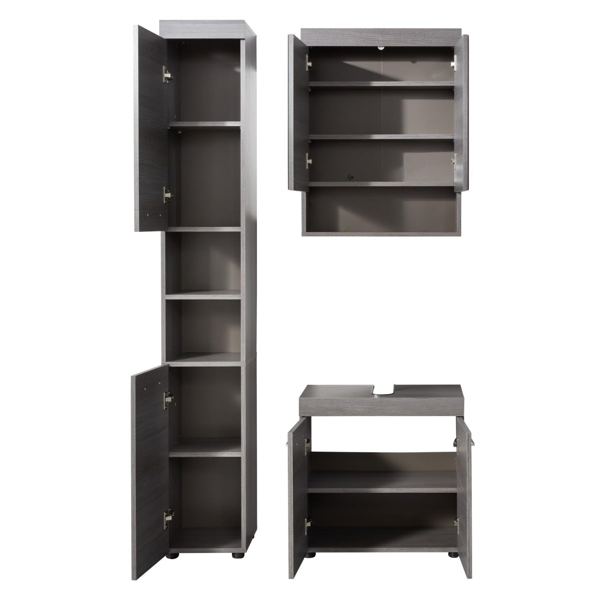 trendteam smart living - Runner - Badkombination - Grau - Hochschrank, Waschbeckenunterschrank, Spiegelschrank - (BxHxT) 103 x 190 x 31 cm - silberfarbener Griff