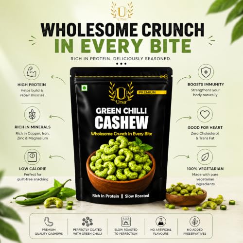 Image of Ursa U Premium Roasted Green Chilli Cashew, 100g, Gluten Free, No Added MSG, Rich in Protein and Healthy Fats, Zero Trans Fat, Zero Cholesterol