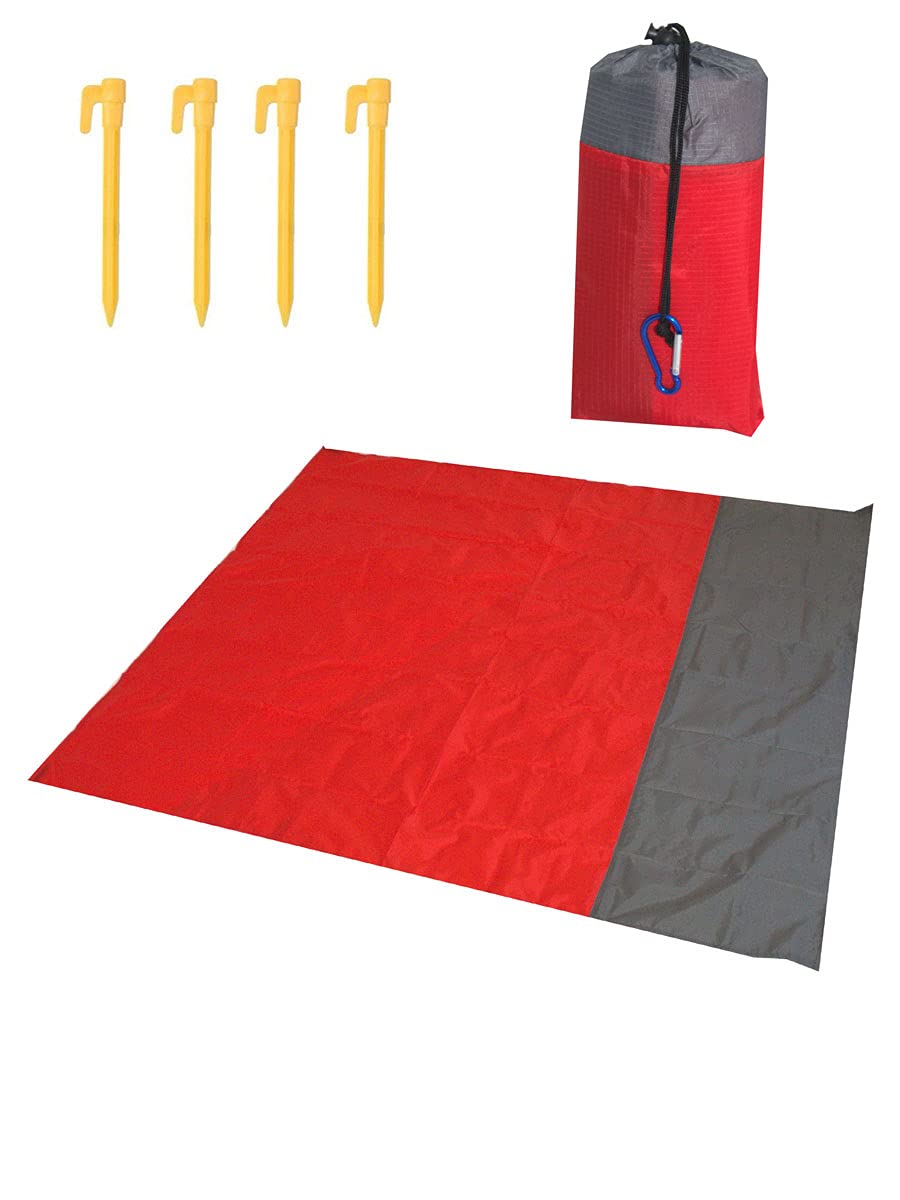 Beach Blanket Picnic Blanket, Waterproof Sand proof Water Resistant Beach Mat with 4 Fixed Nails, Reinforced Edging for Beach, Camping, Hiking and Grass Trips (S - 145cm x 150cm, Red/Grey) — image 1