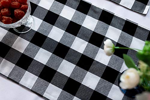Wracra Buffalo Plaid Table Runner Checkered Round Table Runner for Wedding Kitchen Dinning Room Party Home Picnic (White and Black, Table Runner 13\"×108\")