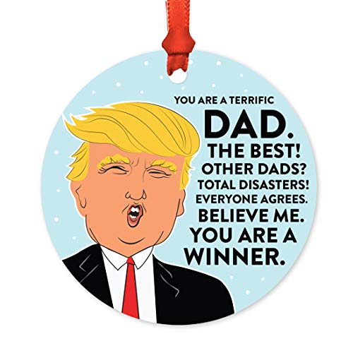 Andaz Press Round Natural Wood MDF Christmas Ornament Gift, Funny President Donald Trump, Terrific Dad, 1-Pack, Includes Ribbon, Keepsake Gifts for Family Members MAGA Democrats Republicans