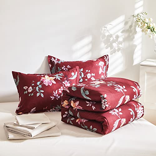Joyreap Bed In A Bag Queen, 7 Piece Burgundy Red Floral Comforter Sheet Set, Christmas All Season Microfiber Bedding Set- 1 Comforter, 2 Pillow Shams, 1 Flat Sheet, 1 Fitted Sheet, 2 Pillowcases #TOP4
