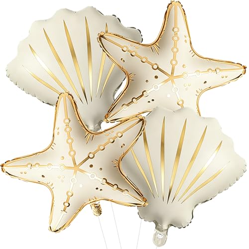 4 Pcs Seashell Starfish Balloons Set Large Creamy White Seashell Starfish Foil Balloon for Under the Sea Ocean Themed Coastal Bridal Baby Shower Beach Wedding Party Decorations Supplies