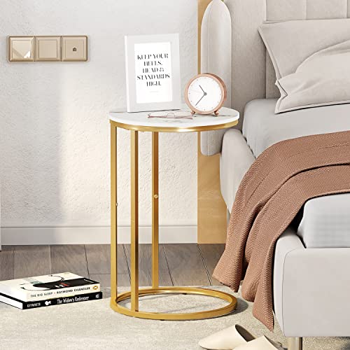 Function Home C Table End Table, C Shaped Sofa Side Table, Couch Tables That Slide Under, Snack Accent Table For Living Room Bedroom Small Space, White Faux Marble Top And Gold Metal Frame #TOP3