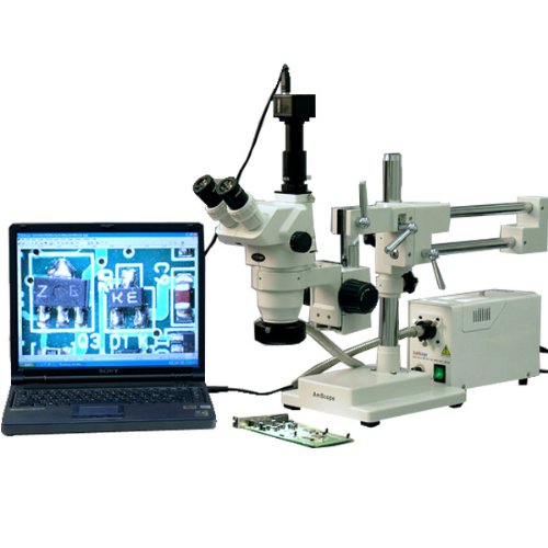 AmScopeZM-4T3-FOR-3M Digital Professional Trinocular Stereo Zoom Microscope, EW10x Eyepieces, 2X-45X Magnification, 0.67X-4.5X Zoom Objective, Fiber-Optic Ring Light, Double-Arm Boom Stand, 110V-120V, Includes 0.3X Barlow Lens, 3MP Camera with Reduction Lens, and Software