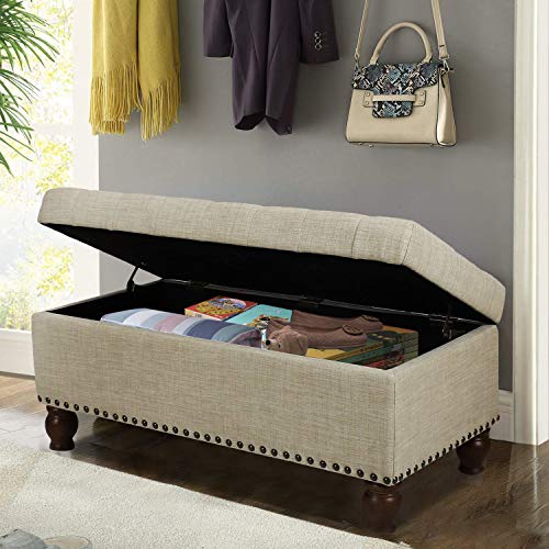Asense Linen Fabric Rectangle Tufted Lift Top Storage Ottoman Bench, Footstool With Solid Wood Legs Upholstered Storage Bench (Noble Beige) #TOP3