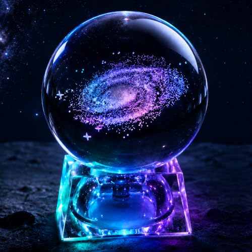 3D Galaxy Kristallkugel 8 cm mit LED Sockel, Farbwechsel Nachtlicht mit Lasergravur Universum, Glaskugel Lampe als Weltraum Deko für Schlafzimmer Kinderzimmer, Geschenk für Kinder & Erwachsene