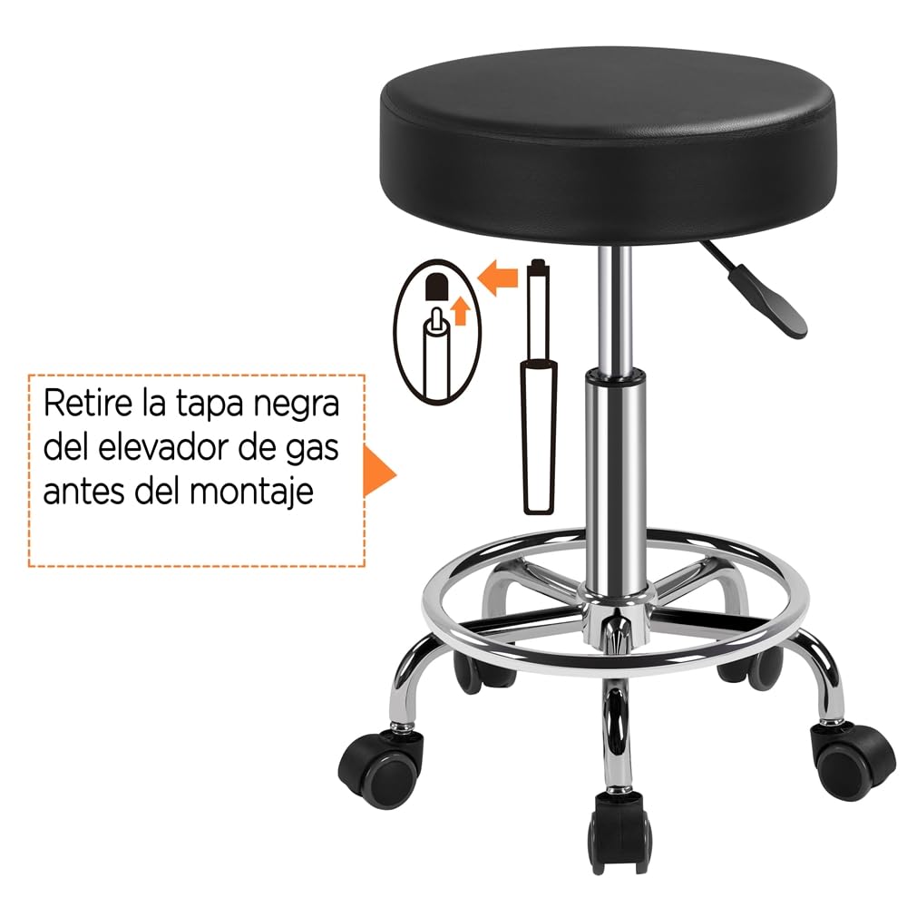 Yaheetech Taburete con Ruedas Taburete Giratorio 360° Silla de Salón para Salón de Belleza y Masaje Altura Regulable de 50,5 a 65 cm, Negro
