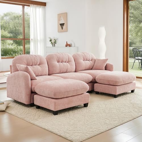 Image of KEIKI 107 inch U-Shaped Oversized Chenille Modular Sectional Sofa with 2 Ottoman, High-Density Foam Cushions, Tufted Pleated Cushion Backrest, Modern 3-Seater Couch with 2 Pillow, for Living Room, Pink