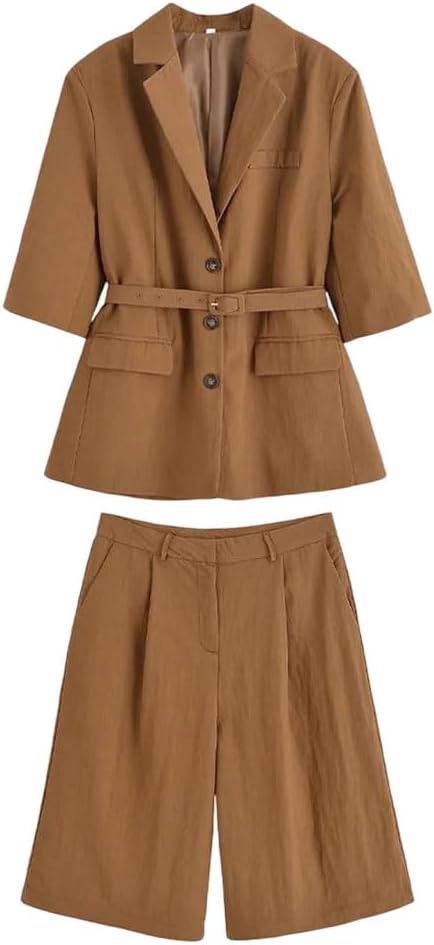 Women's Casual Shorts Set Belted Half Sleeve Blazer Wide Leg Shorts