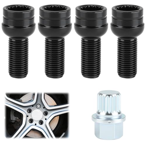 Set mit 4 Diebstahlschutz Radbolzen Felgenschrauben aus Stahl mit Radmuttern, Modell M14 x 1,5 mm + Schlüssel, kompatibel mit BM-W Mini R54 R55 R56 R57 R58, BM-W 1 2 3 4 5 6 7 Series, X1, 3 5 6
