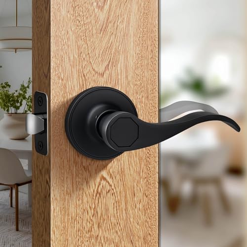 Moquin Manija de puerta de paso con diseño de onda sin llaves ni cerradura, manija de puerta reversible para armario derecho/izquierdo/cerradura de puerta de pasillo en acabado negro mate