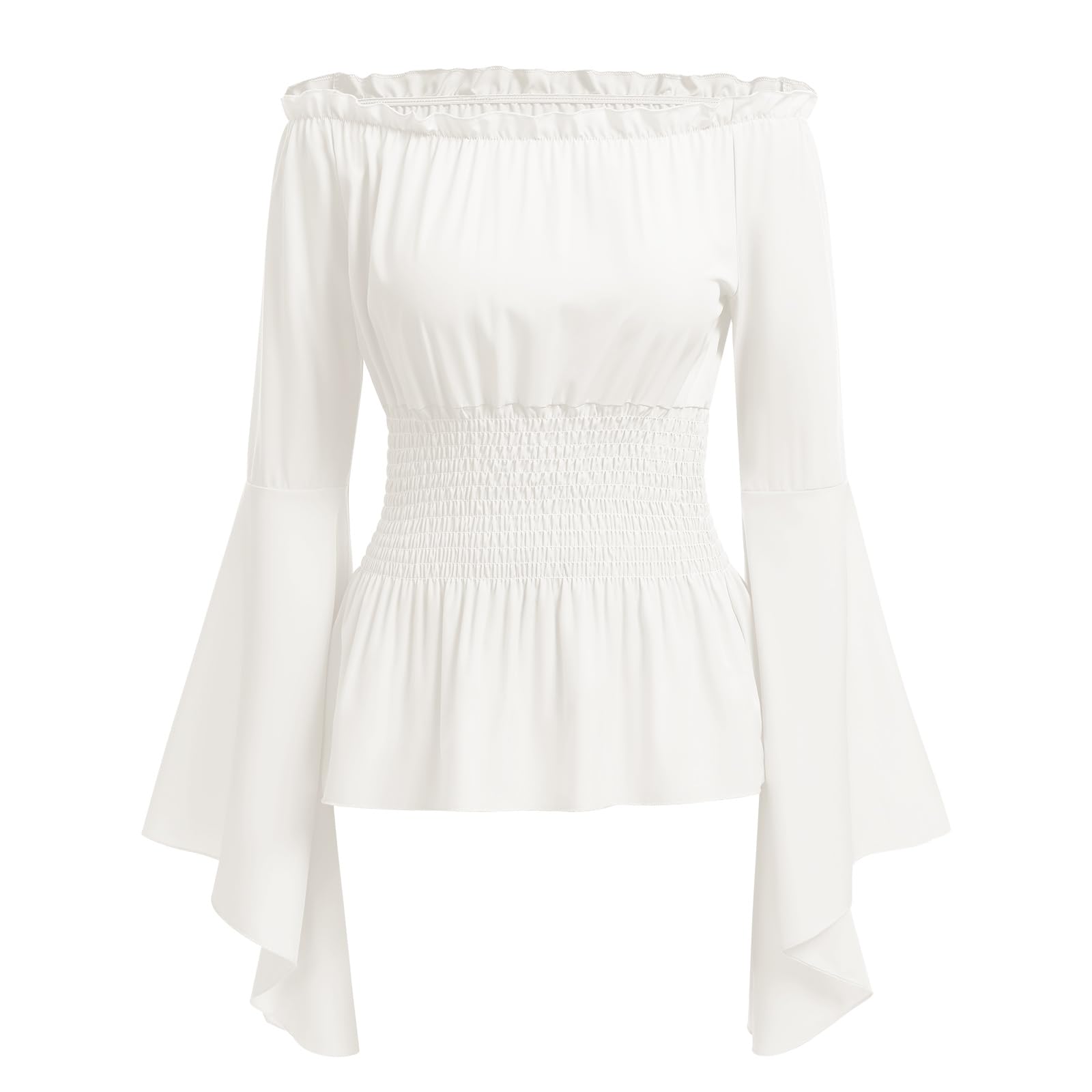ABEHIK Damen Mittelalter Gothic Oberteil Kostüm Langarm Renaissance Trachtenbluse Shirt Falten Ärmelstulpe Korsett Bluse Off Shoulder Top