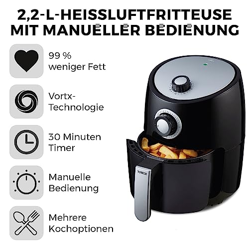 Tower T17023 Vortx Heißluftfritteuse für die Ganze Familie mit Schneller Luftzirkulation - 30-Minuten-Timer - Airfryer Heißluftfritteuse Klein 2,2 l - Schwarz – Bild 3